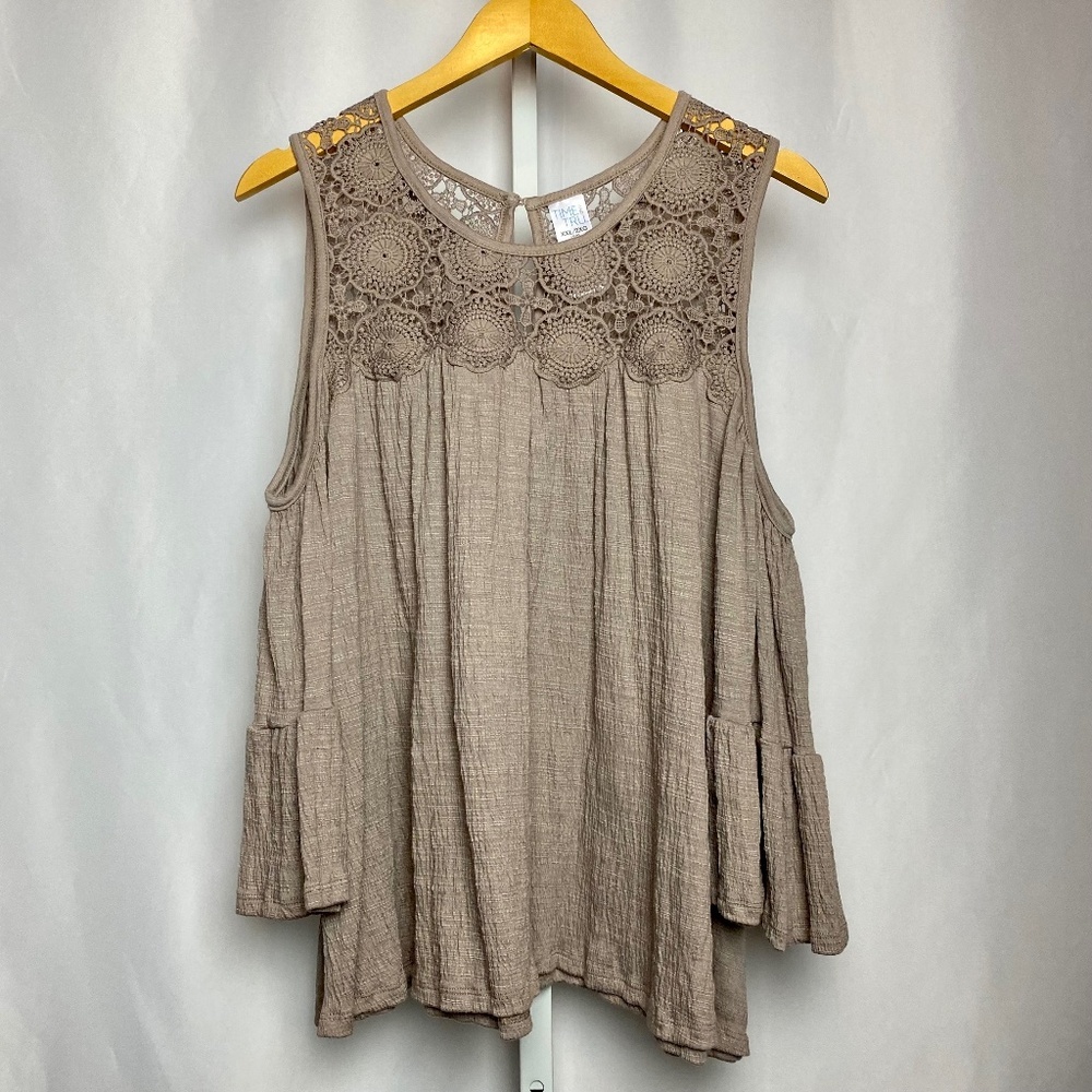Time and Tru Boho Ren Faire Brown Open Shoulder Crochet Lace Blouse XXL